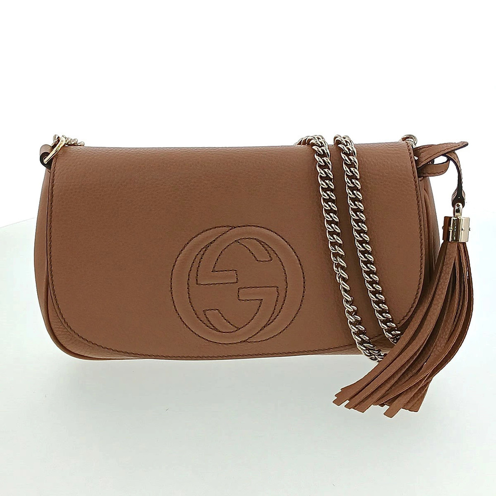 GUCCI Soho Chain Shoulder Bag Grain Calf Leather Beige
